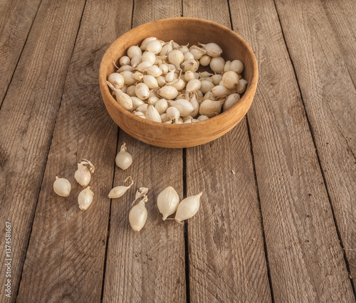 White Onion Sets for Spring Planting on Rustic Wooden Table