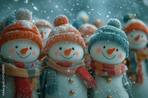 Happy Snowmen Family in Winter Wonderland During Snowfall With Festive Hats a...