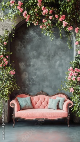 Cozy Pink Couch Surrounded by Lush Greenery and Blooming Roses in a Tranquil ...