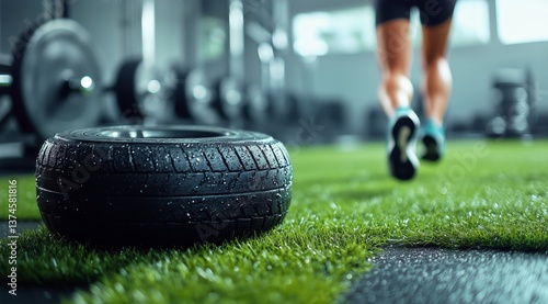 Weight Training Session With a Tire on the Gym Floor During a Fitness Workout