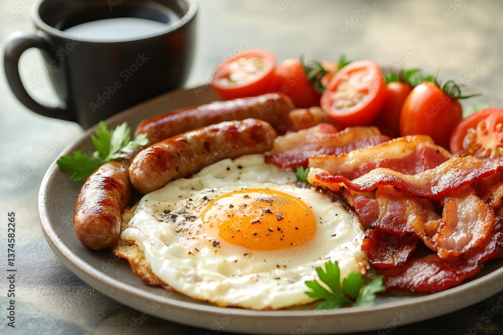 Delicious english breakfast with sausages, bacon, fried egg and tomatoes served on plate Delicious english breakfast with sausages, bacon, fried egg and tomatoes served on plate