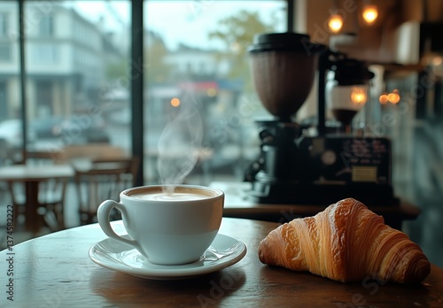 Warm Cup of Coffee and a Croissant in a Cozy Cafe During Morning Hours