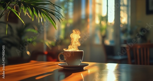 Morning Coffee Cup With Steam in Sunny Room Setting