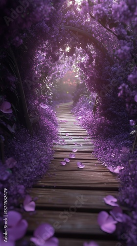 Pathway Lined With Purple Flowers Illuminated by Soft Sunlight in a Tranquil ...
