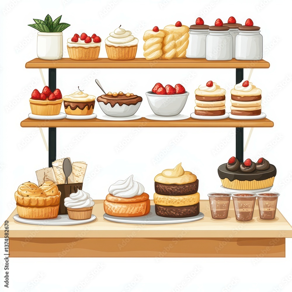 Delicious assortment of desserts beautifully arranged on wooden shelves at a vibrant bakery Delicious assortment of desserts beautifully arranged on wooden shelves at a vibrant bakery