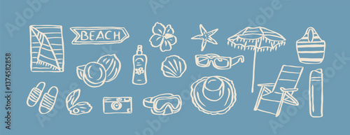 Hand drawn retro beach essentials set