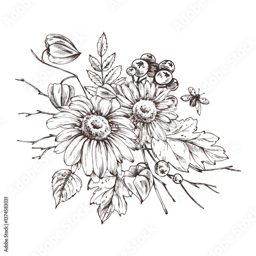 Autumn berries physalis, chokeberry, rowan leaves, maple, birch, rudbeckia flowers, tree branches and ladybugs. Graphic line art hand drawn with black ink. Arrangement, sublimation, composition