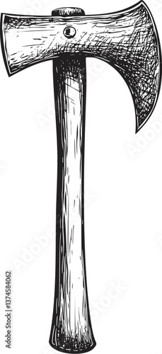 Vintage hatchet illustration with detailed wood grain in black and white. Vector illustration