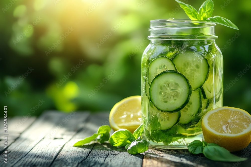 Refreshing summer cucumber, lemon, basil and mint detox water infused in a jar Refreshing summer cucumber, lemon, basil and mint detox water infused in a jar