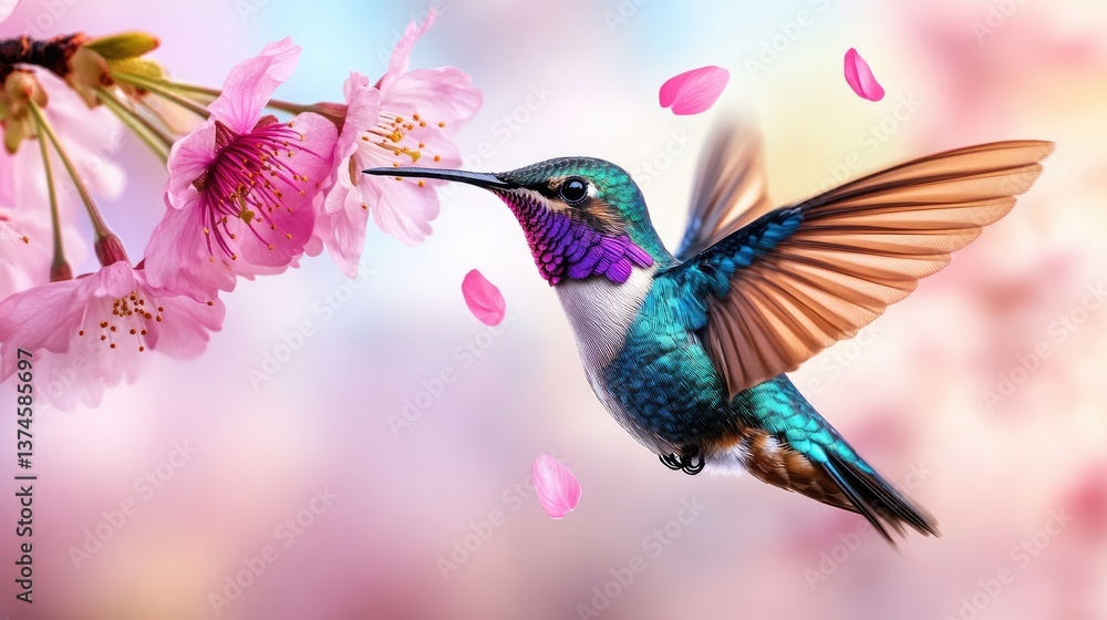 Fototapeta premium Colorful hummingbird flying near cherry blossoms in spring