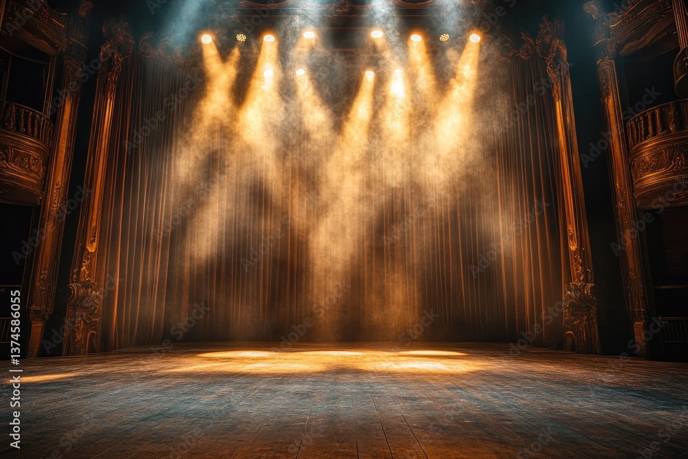 Bright stage lights illuminating smoke filled theater with closed curtains