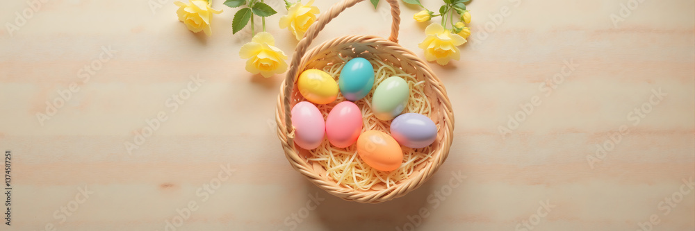 Colorful Easter Eggs in Wicker Basket with Yellow Flowers Colorful Easter Eggs in Wicker Basket with Yellow Flowers