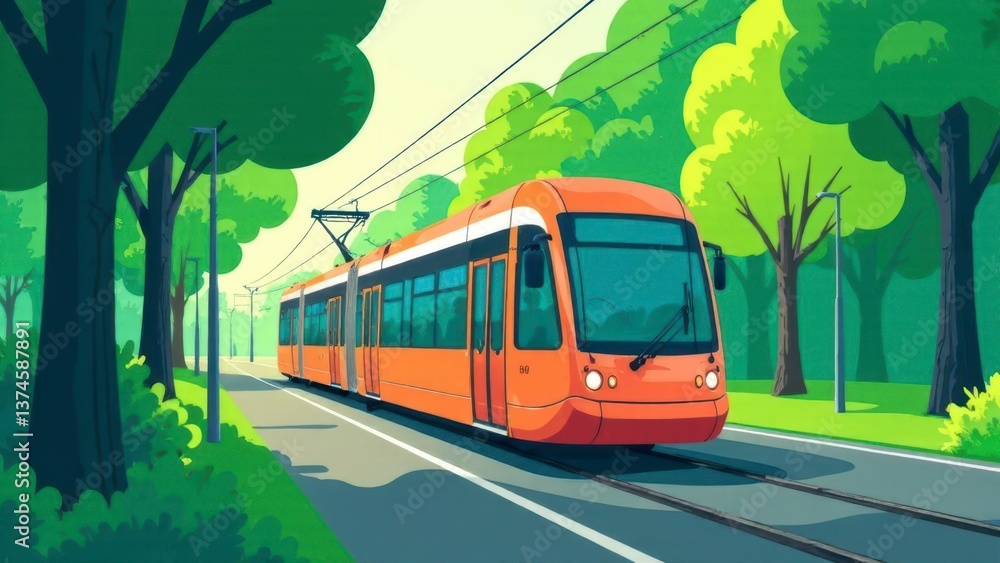 Naklejka premium Orange tram traveling through a lush green landscape with trees and sunlight illuminating the scene, showcasing urban transportation and nature harmony concept