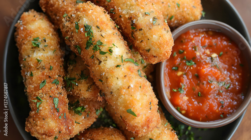 Crispy, herb-coated mozzarella sticks served with a tangy tomato dipping sauce for a perfect snack.