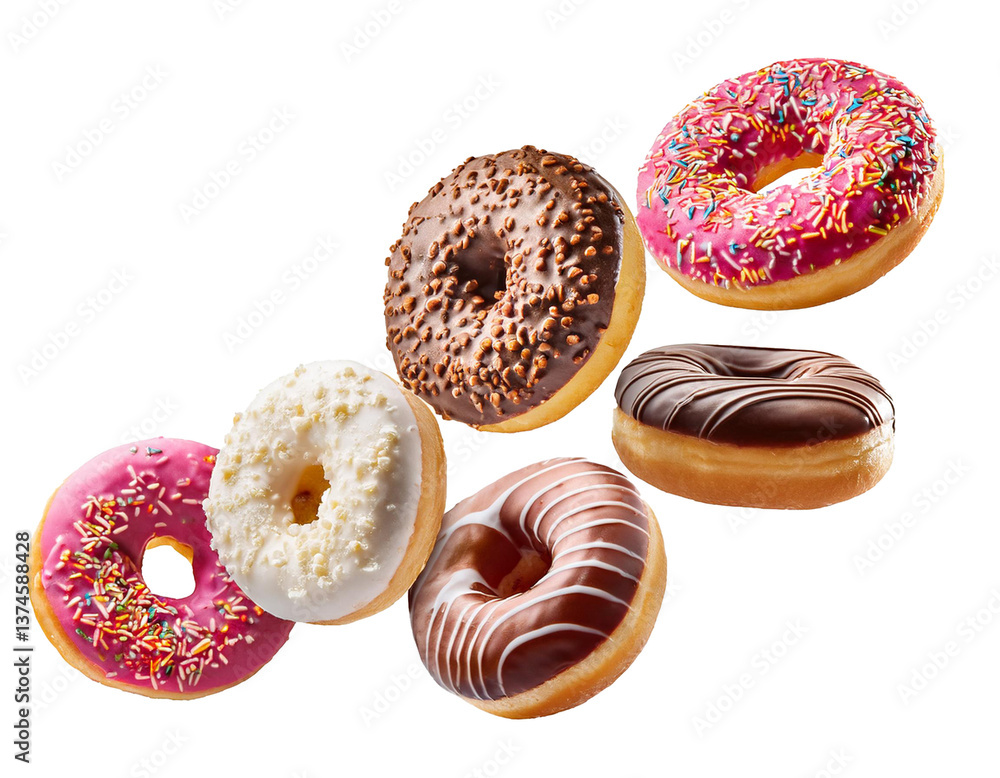 Donuts fallend isoliert auf weißen Hintergrund, Freisteller Donuts fallend isoliert auf weißen Hintergrund, Freisteller