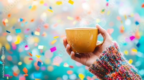 A joyful tea-drinking moment, hands holding a warm cup of tea with confetti in the background, celebrating National Tea Day