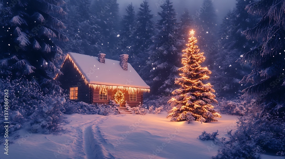 Tranquil winter scene with a snow-covered christmas house picture Tranquil winter scene with a snow-covered christmas house picture