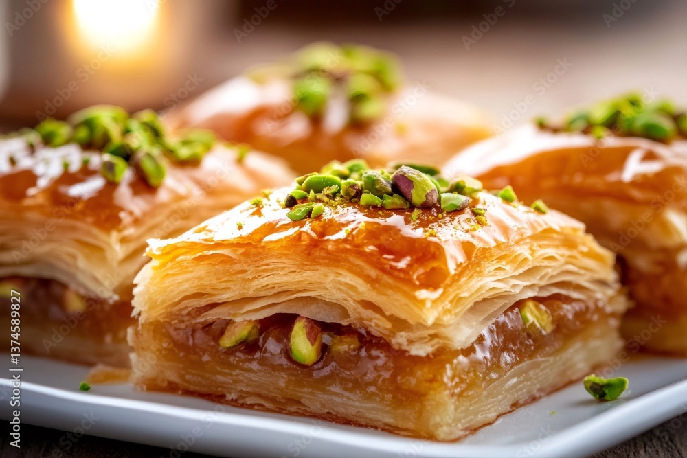 Delicious baklava pistachio dessert showing flaky layers on white plate Delicious baklava pistachio dessert showing flaky layers on white plate