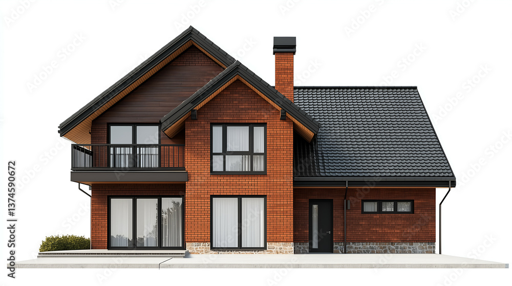 Modern Residential House Architecture: Two-Story Wooden Design with Balcony, Roof, and Brick Facade in Urban Setting Modern Residential House Architecture: Two-Story Wooden Design with Balcony, Roof, and Brick Facade in Urban Setting