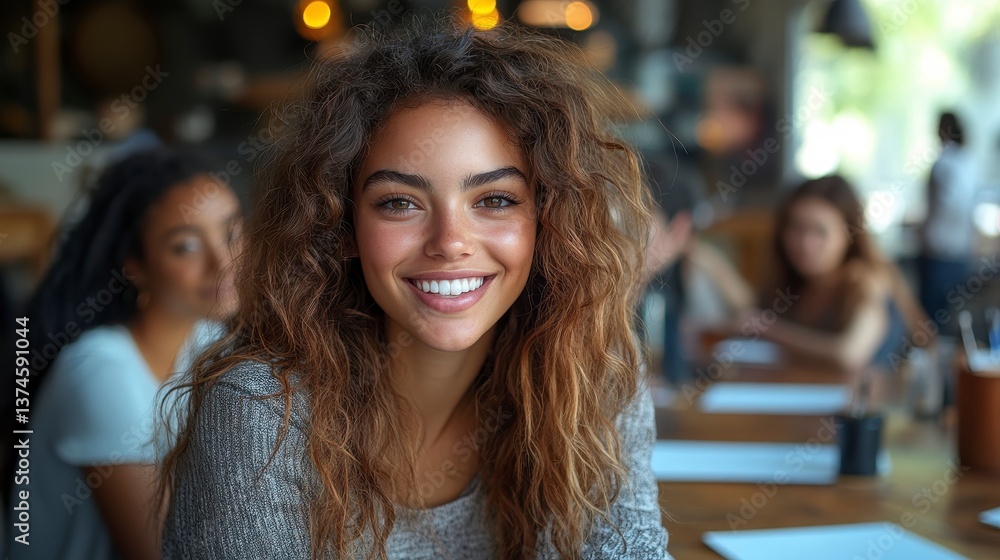 Smiling woman with curly hair, surrounded by blurred figures, sits indoors Smiling woman with curly hair, surrounded by blurred figures, sits indoors