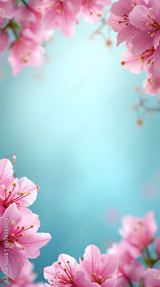 Fototapeta premium Vibrant Pink Bougainvillea Blossoms on Aqua Blue Background – Romantic Floral Frame for Tropical Spring, Nature, and Garden-Inspired Designs