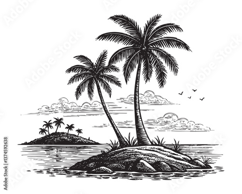 Tropical island paradise idyllic palm trees woodcut engraving vector illustration
