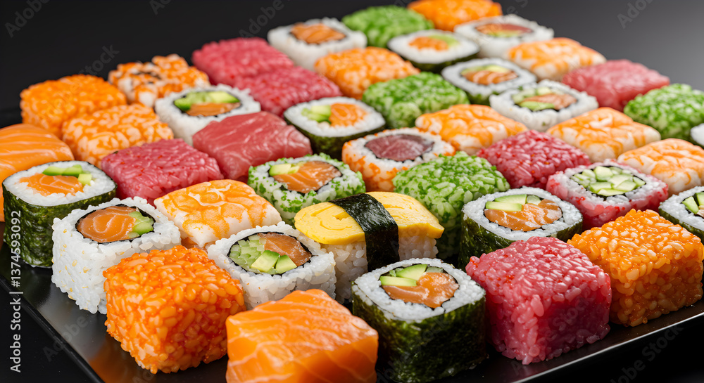 Vibrant mosaic of sushi cubes, creating a modern culinary art piece Vibrant mosaic of sushi cubes, creating a modern culinary art piece