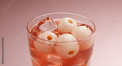 Refreshing iced lychee tea with lychee fruit garnish against a soft pink backdrop