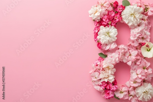 Floral "8" on Pink: An artistic and delicate floral arrangement in the shape of the number "8" crafted from an array of pink and white flowers, set against a soft pink background.