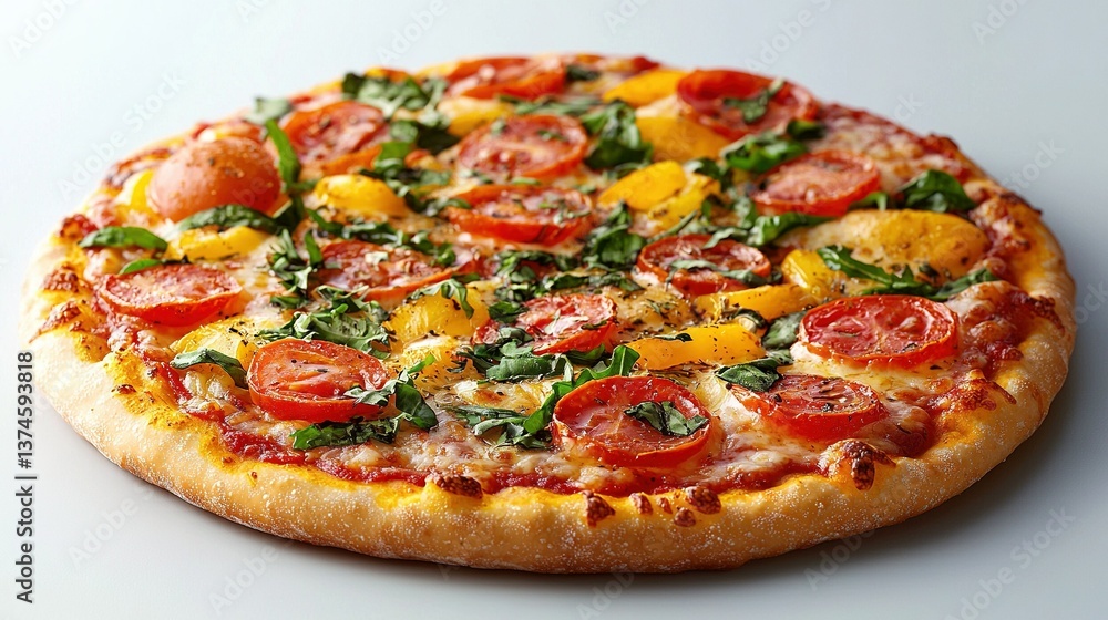 A pizza with tomatoes, spinach, and cheese is on a white surface against a white background A pizza with tomatoes, spinach, and cheese is on a white surface against a white background