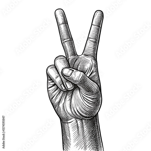 A black and white illustration of the human hand giving the victory salute or peace sign