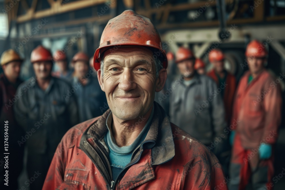Portrait of a smiling factory worker in a group of coworkers