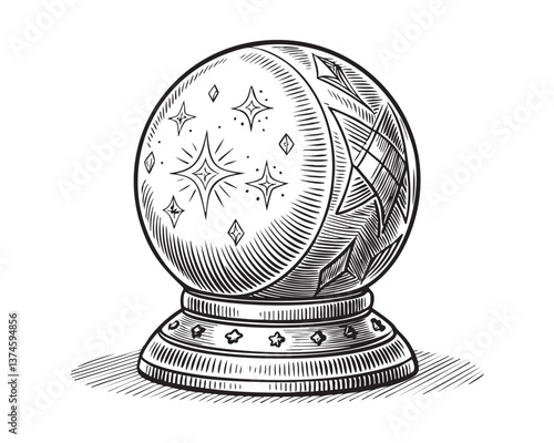 magic ball woodcut engraving vector illustration