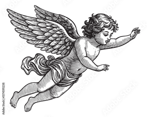 flying baby angel woodcut engraving vector illustration