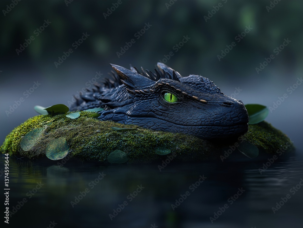 Fototapeta premium Dragon resting on mossy rock in pond with striking green eyes.