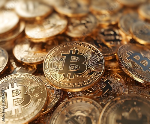 Realistic huge pile of gold-colored bitcoins representing cryptocurrency in a bright environment