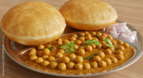 Delicious Indian chole bhature with puffed bread, chickpeas, and sliced onion served