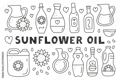 Set of doodle outline sunflower oil in glass and plastic packages isolated on white background. Healthy nutrition concept. Vegetable fats.