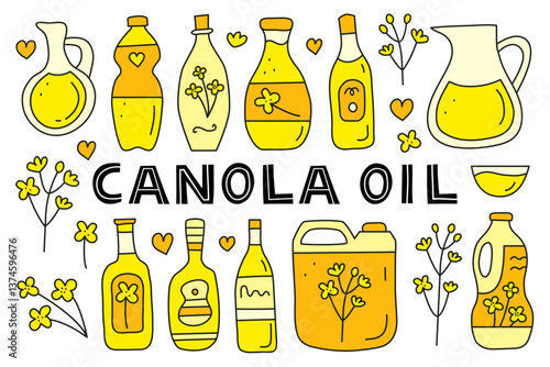 Set of doodle colored canola oil in glass and plastic packages isolated on white background. Healthy nutrition concept. Rapeseed flowers. Vegetable fats.