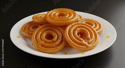 Golden jalebi spirals glistening with saffron syrup served on a pristine plate