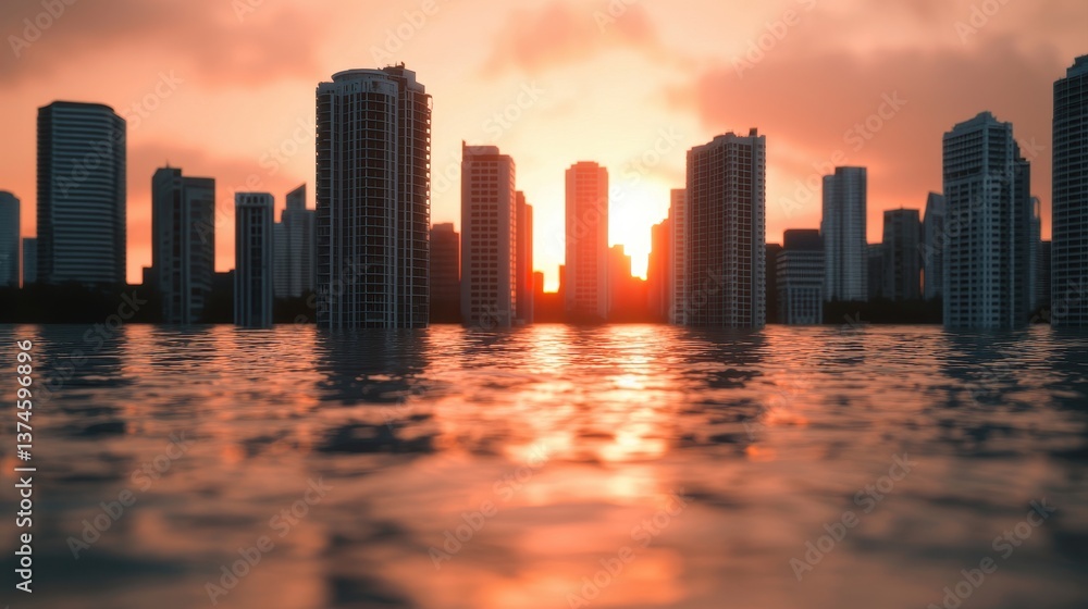 Fototapeta premium A stunning city skyline at sunset, reflected in calm waters, creating a serene atmosphere with towering buildings and a vibrant sky.
