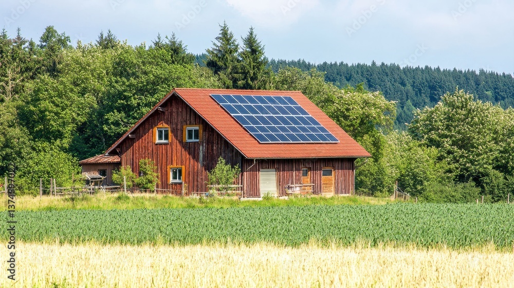 Fototapeta premium A rustic wooden house with solar panels on the roof, surrounded by lush greenery and fields under a bright sky.