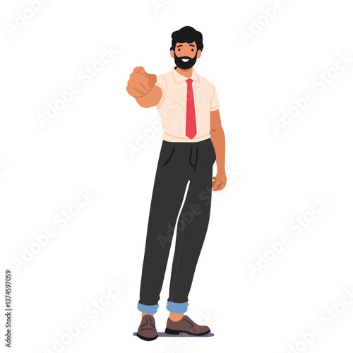 Young businessman cartoon character pointing index finger making choice of you full-length portrait
