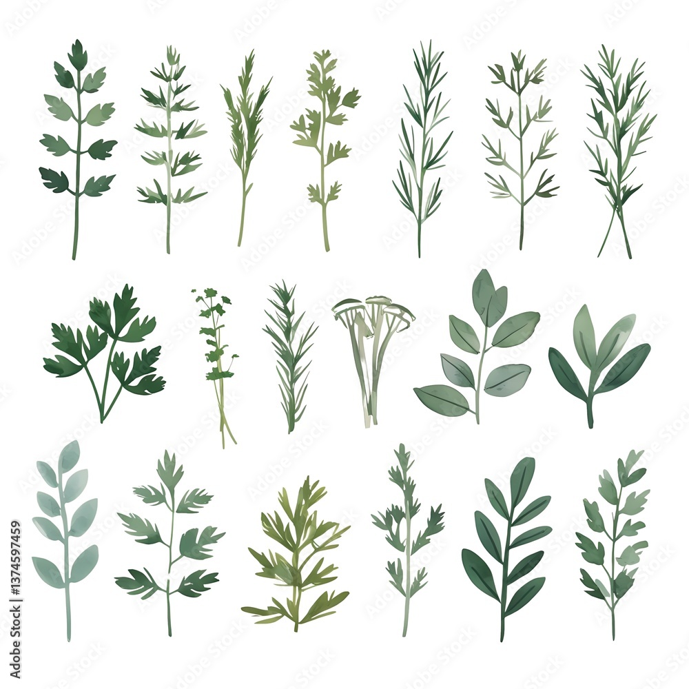 Fototapeta premium Diverse assortment of green herbs arranged artistically on a neutral background