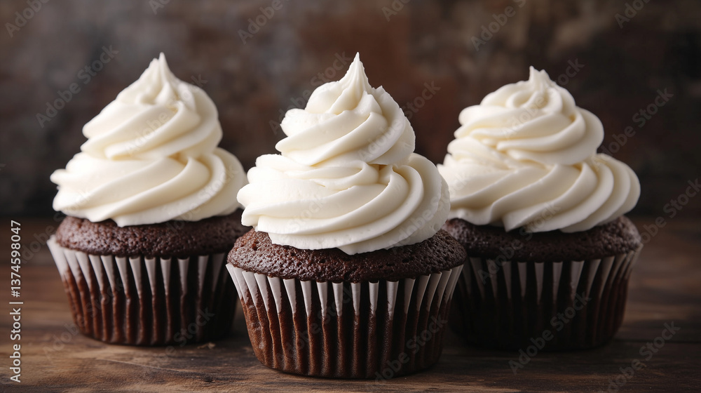 Three vanilla cupcakes with white frosting, arranged in a row against a dark textured background. Three vanilla cupcakes with white frosting, arranged in a row against a dark textured background.