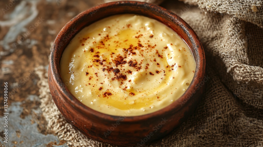 A spicy chipotle-infused béchamel sauce in a rustic clay bowl, deep red swirls visible, isolated on a textured backdrop A spicy chipotle-infused béchamel sauce in a rustic clay bowl, deep red swirls visible, isolated on a textured backdrop