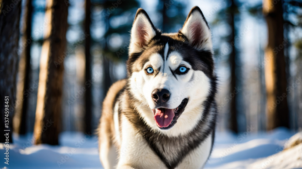 Naklejka premium Siberian Husky trotting joyfully through a sunlit forest trail during winter season