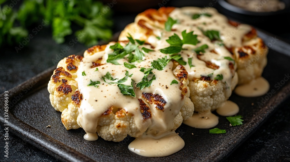Béchamel sauce draped over grilled cauliflower steaks, garnished with fresh parsley, isolated on a dark backdrop Béchamel sauce draped over grilled cauliflower steaks, garnished with fresh parsley, isolated on a dark backdrop