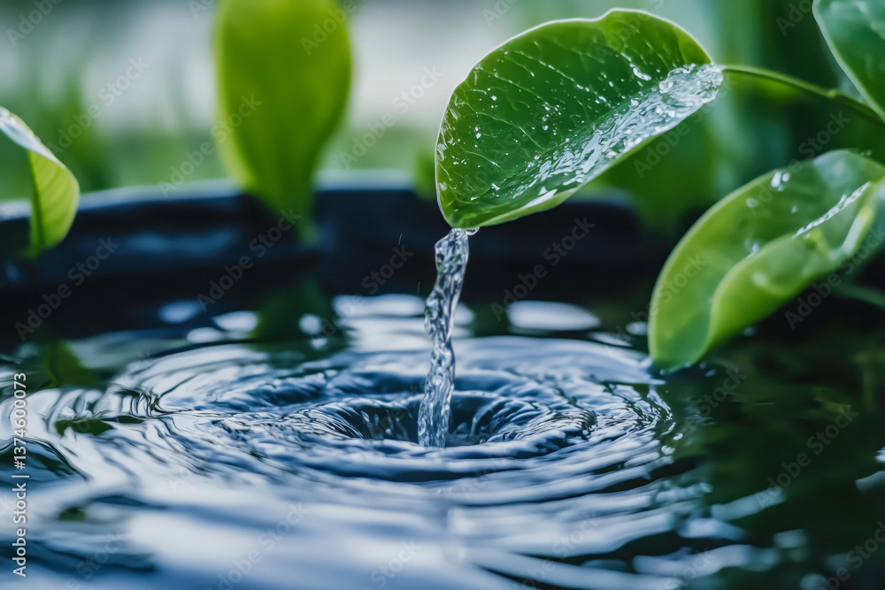 Close-up of water dripping from a green leaf into a pool of water, creating ripples.