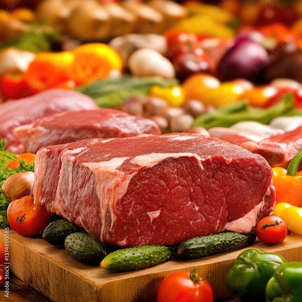 Fresh meat and vibrant vegetables arranged on a wooden board, creating an appetizing culinary display Fresh meat and vibrant vegetables arranged on a wooden board, creating an appetizing culinary display